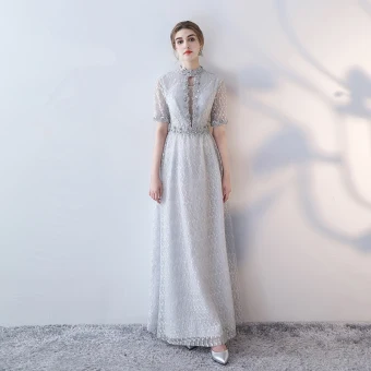 Classique Élégant Gris Robe De Soirée 2017 Princesse Dentelle Col Haut Appliques Dos Nu Perlage Fait Main Soirée Robe De Ceremonie