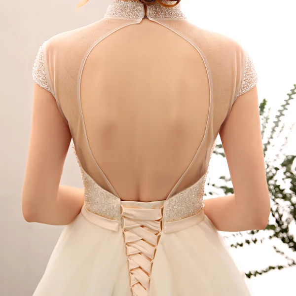 Amazing / Unique Champagne Wedding 2017 A-Line / Princess Organza High Neck Heart-shaped Backless Beading Wedding Dresses