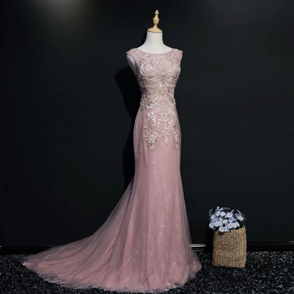 Luxury / Gorgeous Blushing Pink Evening Dresses 2017 Trumpet / Mermaid U-Neck Tulle Beading Backless Embroidered Evening Party Formal Dresses