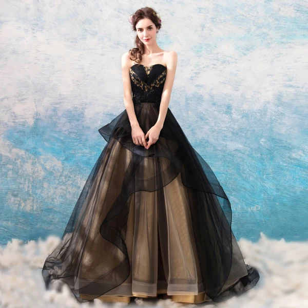 Chic / Beautiful Black 2018 Prom Dresses A-Line / Princess Tulle Floor-Length / Long Winter Strapless Beading Appliques Backless Evening Party Prom Formal Dresses