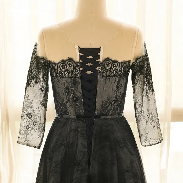 Elegante Único Negro Talla Extra Vestidos de noche 2018 A-Line / Princess Con cordones U-escote Tul Apliques Sin Espalda Noche Vestidos Formales
