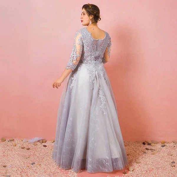 Chic / Belle Gris Grande Taille Robe De Soirée 2018 Princesse Tulle U-Cou Appliques Dos Nu Perlage Fait main Soirée Robe De Ceremonie