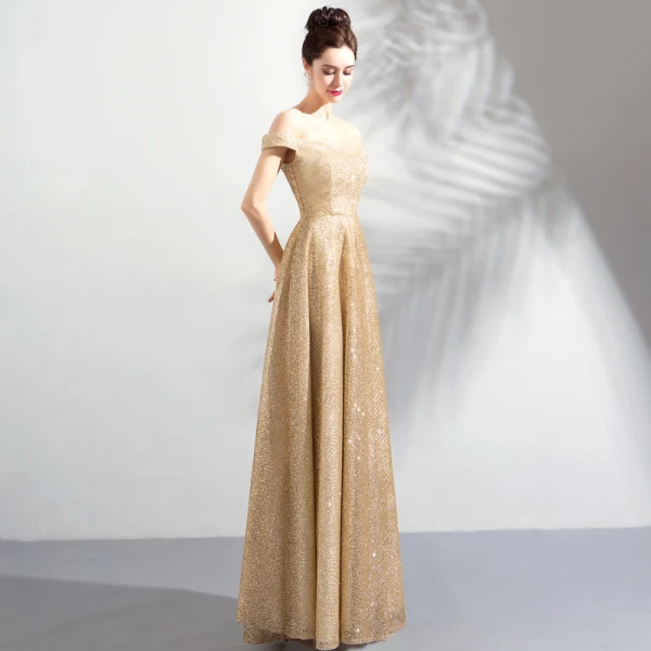 Bling Bling Gold Champagne Floor-Length / Long Evening Dresses 2018 A-Line / Princess Tulle Beading Sequins Strapless Prom Dresses