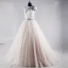 Chic / Beautiful Champagne Cathedral Train Wedding 2018 A-Line / Princess See-through Tulle High Neck Backless Beading Pleated Rhinestone Wedding Dresses