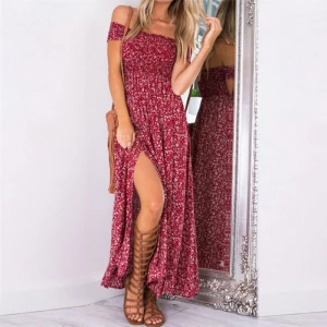 Bohême Rouge Robes Longues Chiffon Coton Désinvolte Impression Vêtements Femme 2018