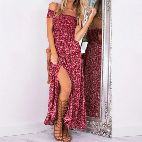 Bohemia Red Maxi Dresses Chiffon Cotton Casual Printing Women's Clothing 2018