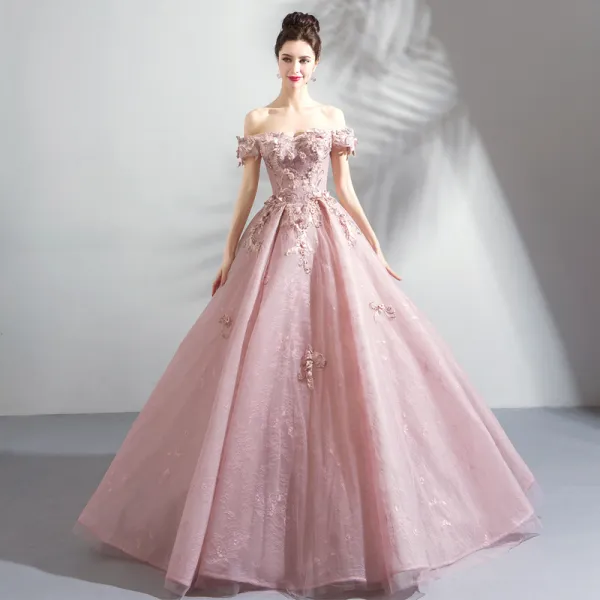 Amazing / Unique Blushing Pink Floor-Length / Long Prom Dresses 2018 Lace-up Tulle Appliques Backless Beading Strapless Ball Gown Formal Dresses
