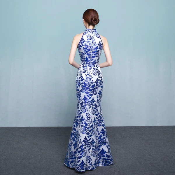 Chinese style Royal Blue Floor-Length / Long Evening Dresses 2018 High Neck Trumpet / Mermaid Charmeuse Printing Evening Party Formal Dresses