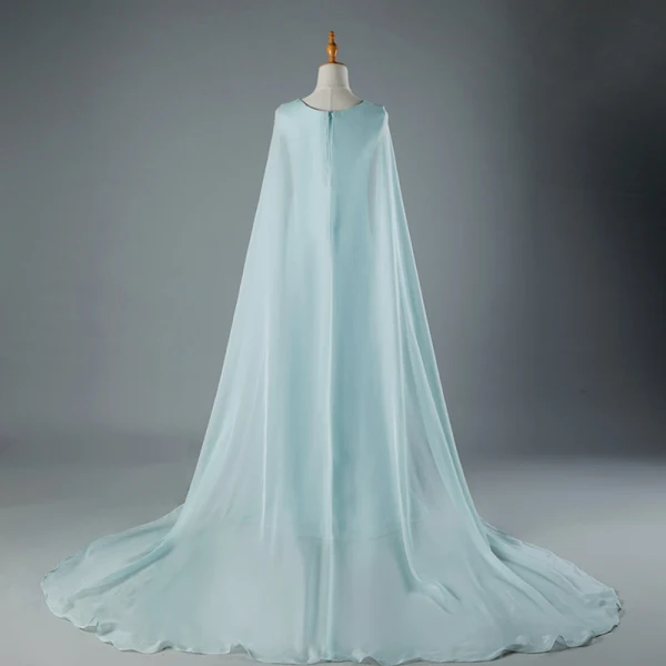 Chinese style Sky Blue Chapel Train Evening Dresses 2018 A-Line / Princess V-Neck Tulle With Cloak Appliques Beading Evening Party Formal Dresses