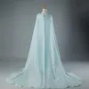 Chinese style Sky Blue Chapel Train Evening Dresses  2018 A-Line / Princess V-Neck Tulle With Cloak Appliques Beading Evening Party Formal Dresses