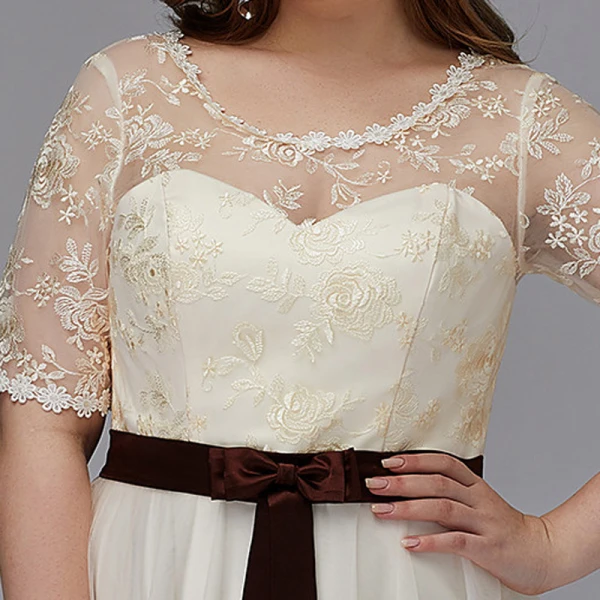 Chic / Beautiful Champagne Plus Size Graduation Dresses 2020 A-Line / Princess U-Neck 1/2 Sleeves Appliques Backless Embroidered Handmade Homecoming Formal Dresses