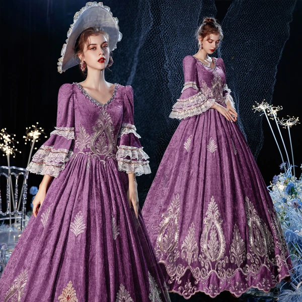 Vintage / Retro Medieval Grape Ball Gown Prom Dresses 2021 Floor-Length / Long 3/4 Sleeve U-Neck Zipper Up Handmade Beading Rhinestone 3D Lace Backless Prom Cosplay Formal Dresses