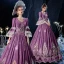 Vintage / Retro Medieval Grape Ball Gown Prom Dresses 2021 Floor-Length / Long 3/4 Sleeve U-Neck Zipper Up Handmade  Beading Rhinestone 3D Lace Backless Prom Cosplay Formal Dresses