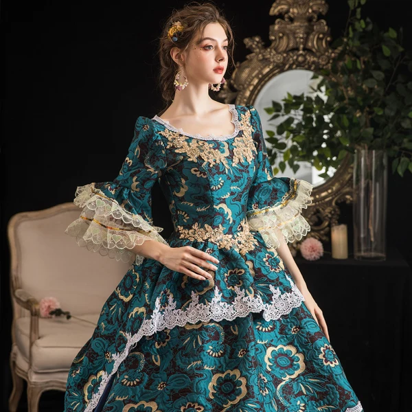 Vintage / Retro Medieval Dark Green Ball Gown Prom Dresses 2021 U-Neck Floor-Length / Long 1/2 Sleeves 3D Lace Flower Printing Cosplay Prom Formal Dresses