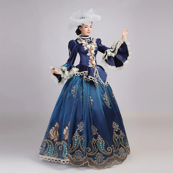 Vintage / Retro Medieval Navy Blue Ball Gown Prom Dresses 2021 Long Sleeve High Neck Floor-Length / Long 3D Lace Flower Embroidered Cosplay Prom Formal Dresses