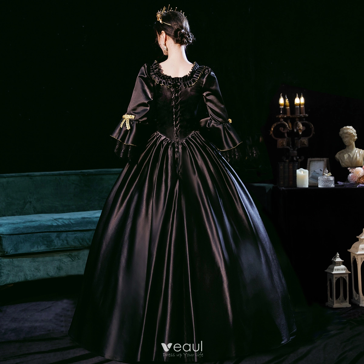 Black Floral Jacquard Renaissance Medieval Gothic Victorian Dress Halloween  Costume