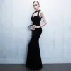 Chic / Beautiful Black 2017 Evening Dresses  High Neck Striped Backless Crystal Trumpet / Mermaid Party Dresses