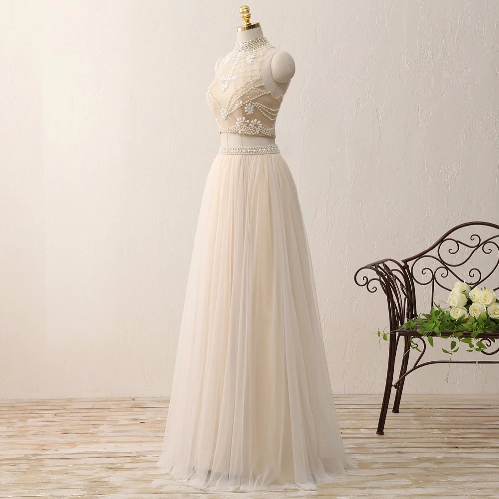 2 Piece Bohemia Champagne Prom Dresses 2017 A Line Princess High Neck Sleeveless Beading Ruffle Tulle Floor Length Long Formal Dresses 2 Piece Bohemia Champagne Prom Dresses 2017 A Line Princess High Neck Sleeveless Beading Ruffle Tulle Floor Length Long Formal Dresses