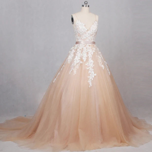 Elegant Champagne Wedding Dresses 2017 V-Neck Spaghetti Straps Shoulders Sleeveless Appliques Sequins Lace Backless Sash Tulle Ball Gown