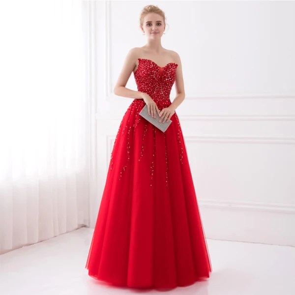Sparkly Rød Ballkjoler 2017 Prinsesse Uten Ermer Fantastiske / Unike Kjæreste Ryggløse Beading Paljetter Lange Tyll Formelle Kjoler