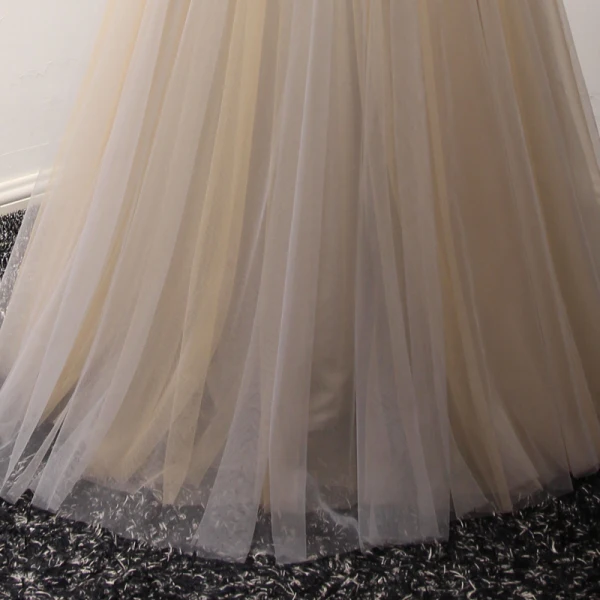 Elegant Champagne Evening Dresses 2017 A-Line / Princess V-Neck Charmeuse Appliques Backless Beading Handmade Evening Party Formal Dresses