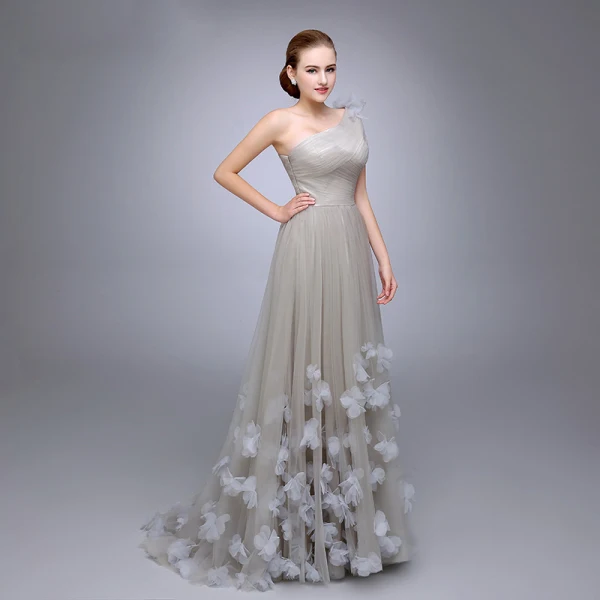 Chic / Beautiful Grey One-Shoulder Prom Dresses 2017 A-Line / Princess Sleeveless Ruffle Tulle Flower Floor-Length / Long Formal Dresses