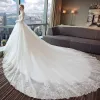 Elegant Ivory Wedding Dresses 2017 A-Line / Princess Scoop Neck Long Sleeve Appliques Pierced Lace Backless Chapel Train