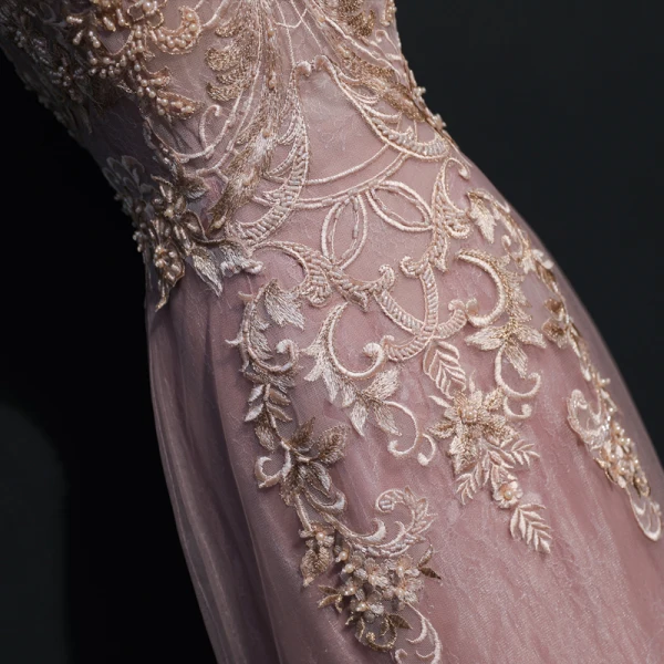 Luxury / Gorgeous Blushing Pink Evening Dresses 2017 Trumpet / Mermaid U-Neck Tulle Beading Backless Embroidered Evening Party Formal Dresses