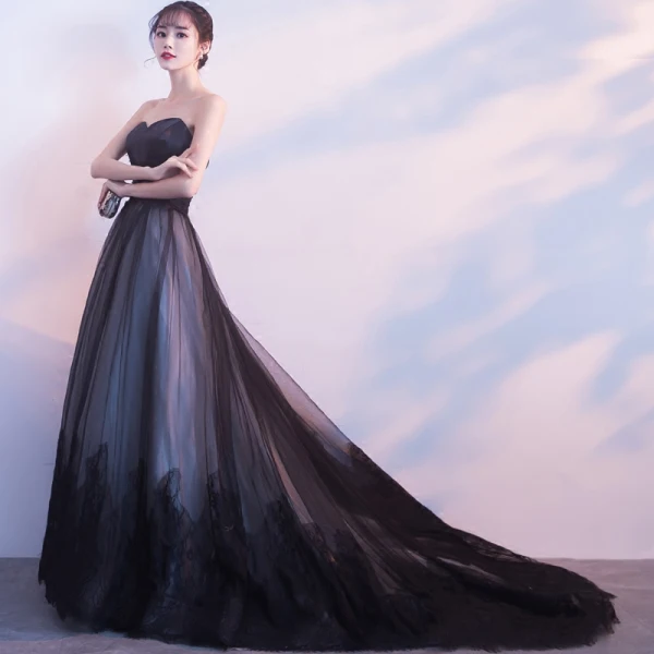 Amazing / Unique Black Prom Dresses 2017 A-Line / Princess Strapless Lace Tulle Appliques Backless Prom Formal Dresses