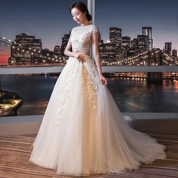 Snygga / Fina 2 Bit Vita Bröllop 2017 Prinsessa U-Hals Spets Tyll Beading Appliqués Halterneck Bröllopsklänningar