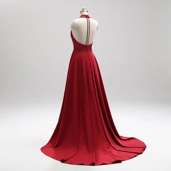 Amazing / Unique Burgundy Evening Dresses 2018 A-Line / Princess Halter Charmeuse Appliques Backless Beading Crystal Evening Party Formal Dresses