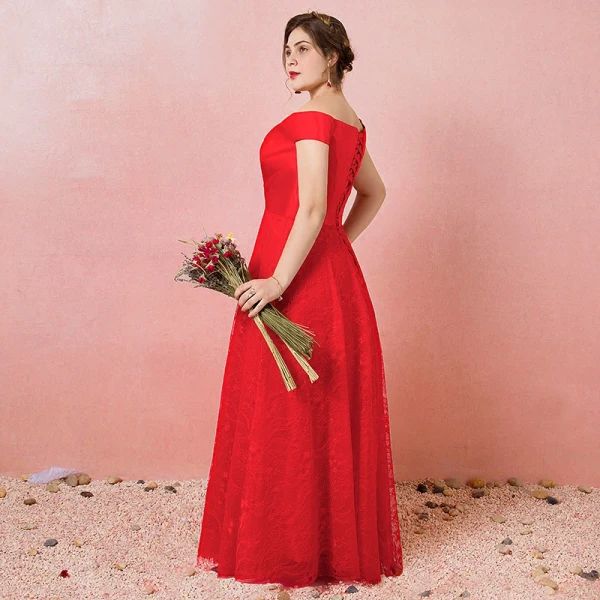 Chic / Beautiful Red Plus Size Evening Dresses 2018 A-Line / Princess Tulle Lace-up Cap Sleeves Backless Strapless Summer Evening Party Formal Dresses
