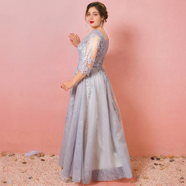 Chic / Beautiful Grey Plus Size Evening Dresses 2018 A-Line / Princess Tulle U-Neck Appliques Backless Beading Handmade Evening Party Formal Dresses