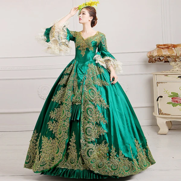 Vintage / Retro Green Puffy Ball Gown Prom Dresses 2018 3/4 Sleeve Charmeuse V-Neck Lace-up Appliques Beading Formal Dresses