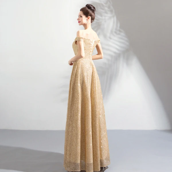 Bling Bling Gold Champagne Floor-Length / Long Evening Dresses 2018 A-Line / Princess Tulle Beading Sequins Strapless Prom Dresses