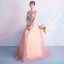 Chic / Beautiful Blushing Pink Floor-Length / Long Evening Dresses  2018 A-Line / Princess Tulle U-Neck Appliques Backless Beading Sequins Evening Party Formal Dresses