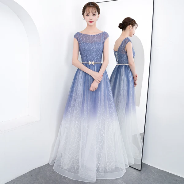 Chic / Beautiful Gradient-Color Floor-Length / Long Evening Dresses 2018 A-Line / Princess Tulle U-Neck Striped Backless Evening Party Formal Dresses