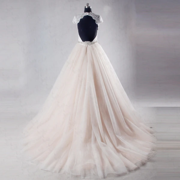 Chic / Belle Champagne Cathedral Train Mariage 2018 Princesse Transparentes Tulle Col Haut Dos Nu Perlage Plissée Faux Diamant Robe De Mariée