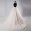 Chic / Belle Champagne Cathedral Train Mariage 2018 Princesse Transparentes Tulle Col Haut Dos Nu Perlage Plissée Faux Diamant Robe De Mariée