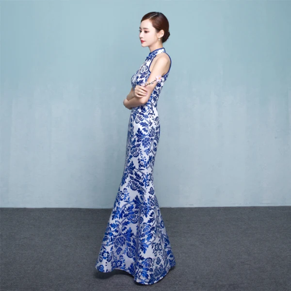 Chinese style Royal Blue Floor-Length / Long Evening Dresses 2018 High Neck Trumpet / Mermaid Charmeuse Printing Evening Party Formal Dresses