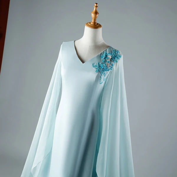 Chinese style Sky Blue Chapel Train Evening Dresses 2018 A-Line / Princess V-Neck Tulle With Cloak Appliques Beading Evening Party Formal Dresses