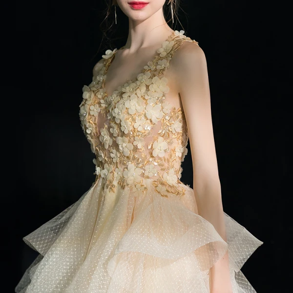 Luxury / Gorgeous Short Champagne Party Dresses 2018 Tulle A-Line / Princess V-Neck Appliques Backless Homecoming Formal Dresses