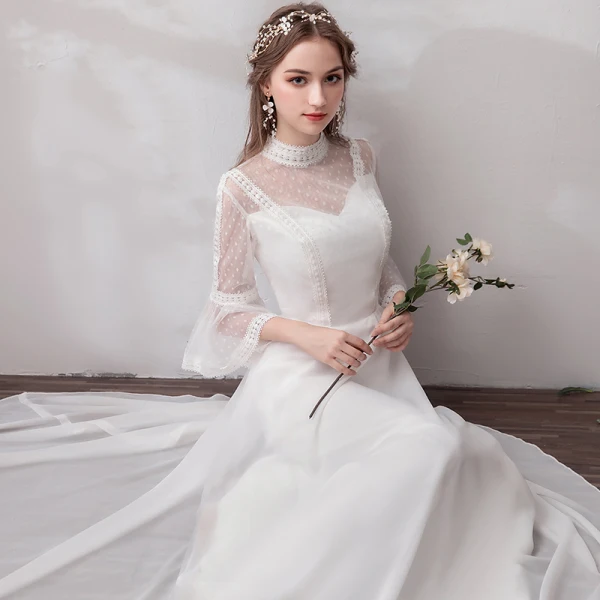 Modern / Fashion White Evening Dresses 2019 A-Line / Princess Long Sleeve Lace Tulle High Neck Appliques Backless Beach Church Formal Dresses