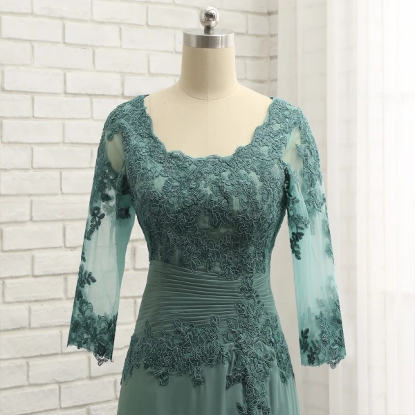 Schlicht Grün A Linie Brautmutterkleider 2019 Chiffon Spitze V-Ausschnitt Stickerei Applikationen Rückenfreies Handgefertigt Sweep / Pinsel Zug Kirche Kleider Für Hochzeit