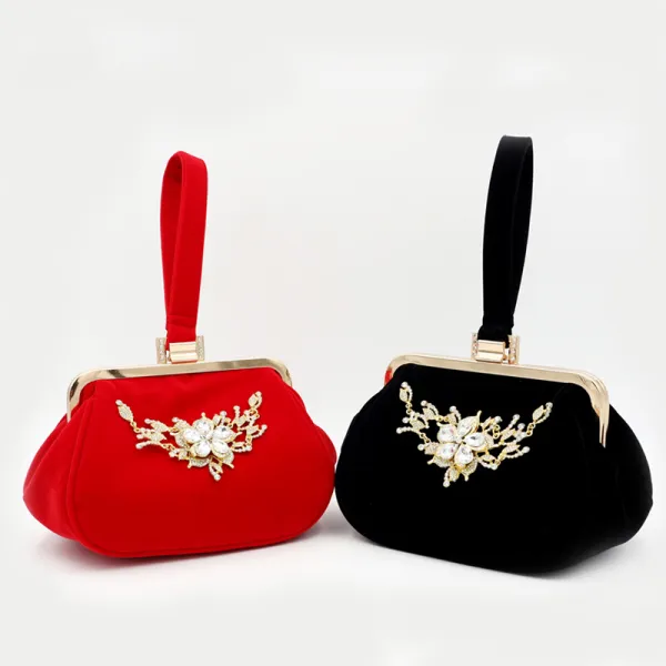 Chic / Beautiful Red Clutch Bags Beading Crystal Rhinestone Velour Homecoming Cocktail Party Evening Party Accessories 2019