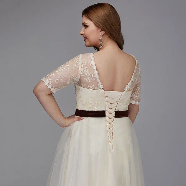 Chic / Beautiful Champagne Plus Size Graduation Dresses 2020 A-Line / Princess U-Neck 1/2 Sleeves Appliques Backless Embroidered Handmade Homecoming Formal Dresses