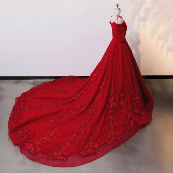 Unique Fabelhaft Rot Brautkleider / Hochzeitskleider 2020 A Linie V-Ausschnitt 1/2 Ärmel Handgefertigt Applikationen Rückenfreies Einfarbig Kapelle-Schleppe Hochzeit