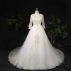 Luxury / Gorgeous Champagne Plus Size Ball Gown Wedding Dresses 2021 Lace V-Neck Short Sleeve Handmade  Appliques Backless Sequins Chapel Train Wedding