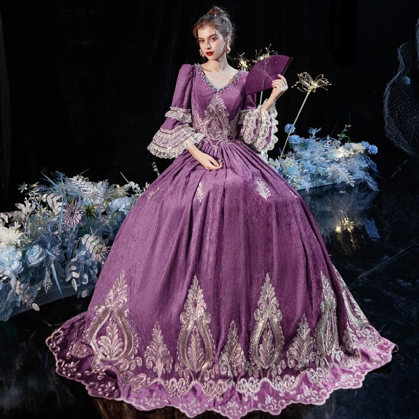 Vintage / Retro Medieval Grape Ball Gown Prom Dresses 2021 Floor-Length / Long 3/4 Sleeve U-Neck Zipper Up Handmade Beading Rhinestone 3D Lace Backless Prom Cosplay Formal Dresses