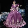 Vintage / Retro Medieval Grape Ball Gown Prom Dresses 2021 Floor-Length / Long 3/4 Sleeve U-Neck Zipper Up Handmade  Beading Rhinestone 3D Lace Backless Prom Cosplay Formal Dresses